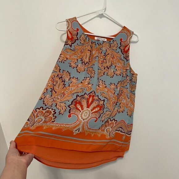 ROSE + OLIVE Orange Blue Paisley Geo Split Back Sleeveless Boho Tank Top Blouse - Picture 6 of 16